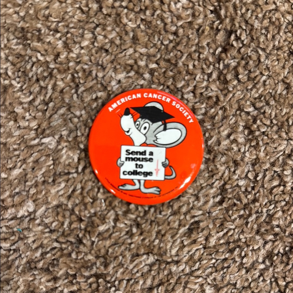 Vintage American Cancer Society red Pin button Send a mouse to college RARE